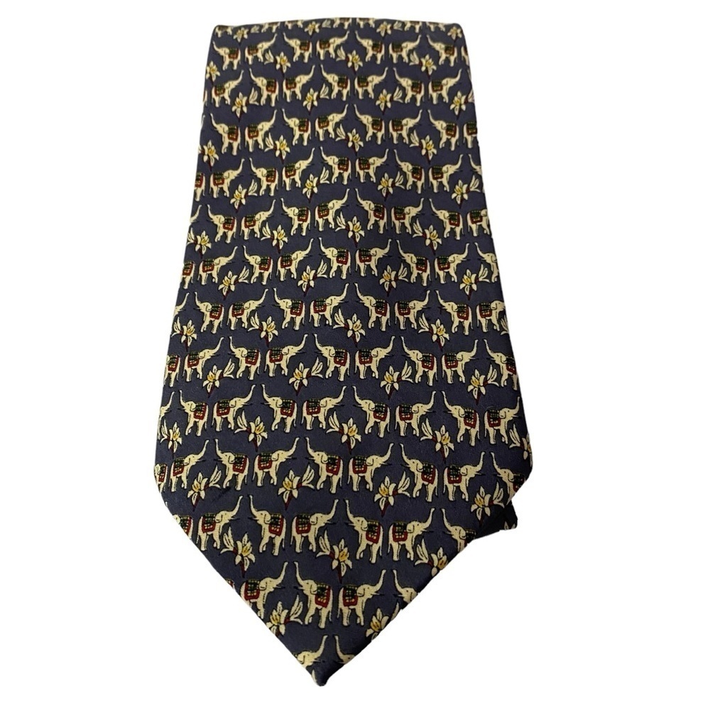KAI LONG NECKTIE - ELEPHANTS AND FLOWERS - BLUE - 100% HAND MADE SILK B19